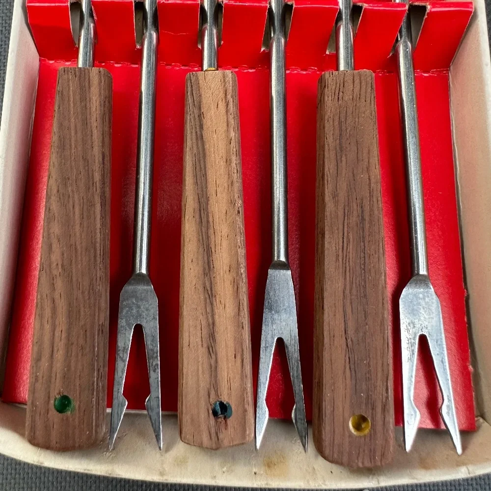 VTG Fondue Fork set of 6 Rosewood w/colored ends / Made in Japan MCM Mid Century
